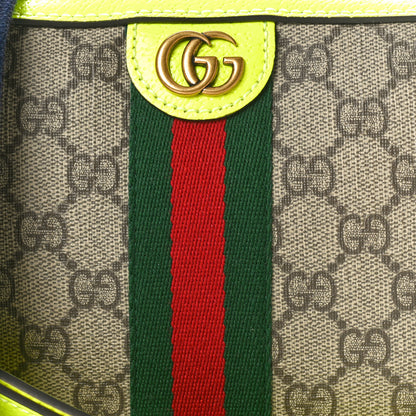 Gucci GG Supreme Monogram Textured Dollar Calfskin Web Ophidia Wristlet Shoulder Bag Beige Ebony Fluo Yellow 8 of 10