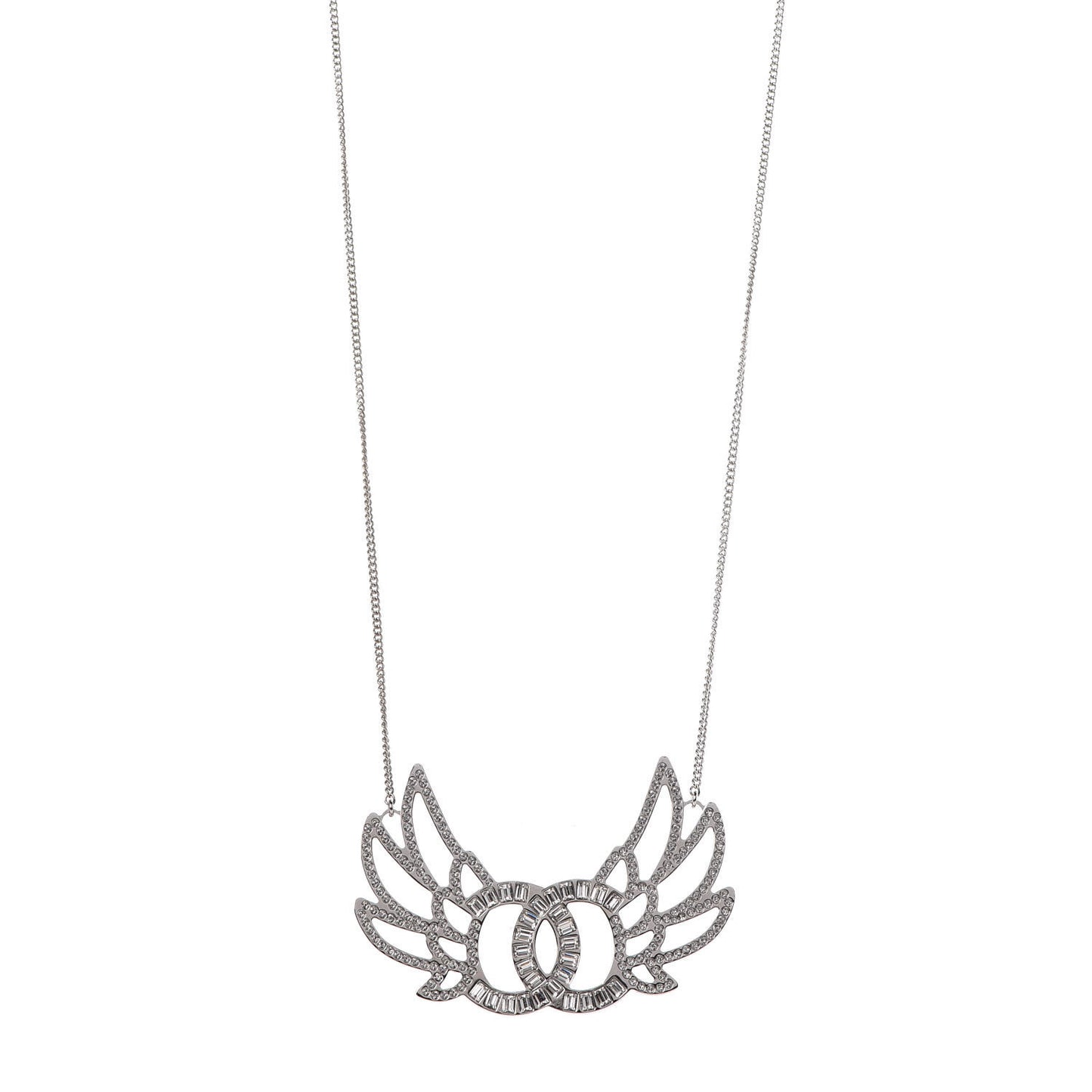 Baguette Crystal Winged CC Necklace Silver