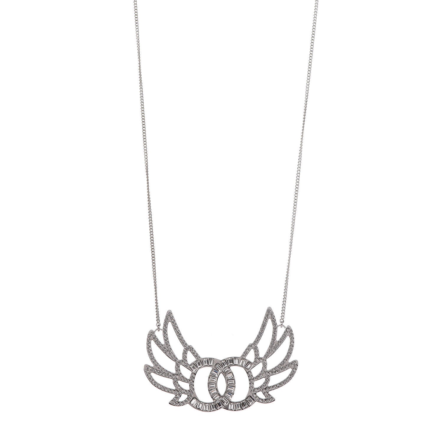 Chanel Baguette Crystal Winged CC Necklace Silver 1 of 6