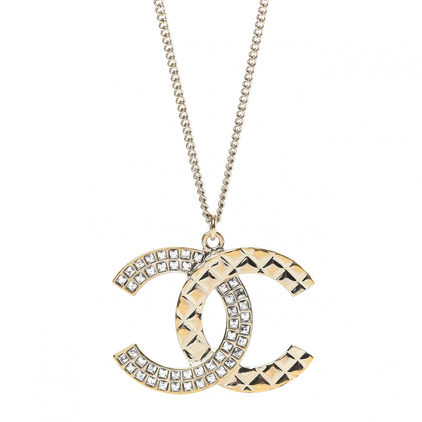 Baguette Crystal Quilted CC Pendant Necklace Gold