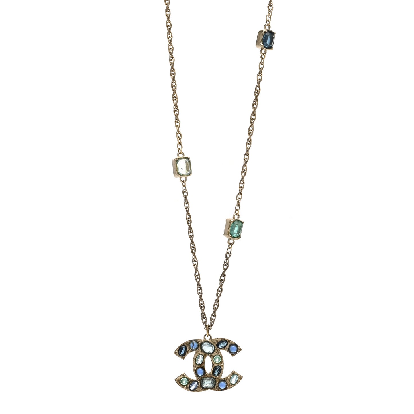 Poured Glass Crystal Large CC Pendant Necklace Gold Blue Multicolor