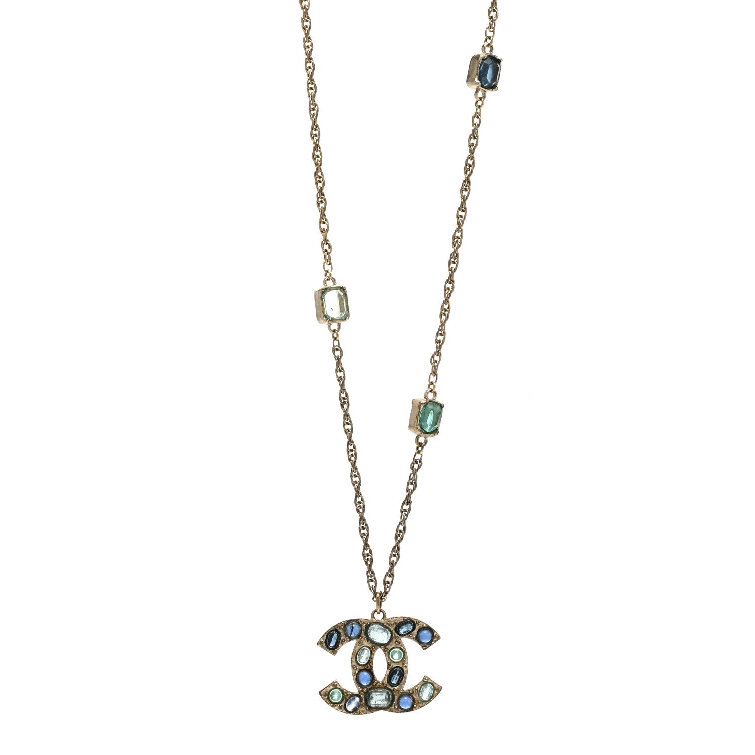Chanel Poured Glass Crystal Large CC Pendant Necklace Gold Blue Multicolor 1 of 4