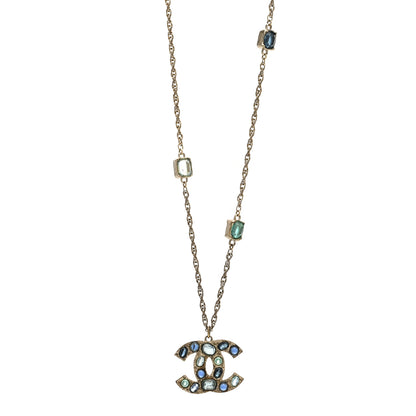 Chanel Poured Glass Crystal Large CC Pendant Necklace Gold Blue Multicolor 1 of 4