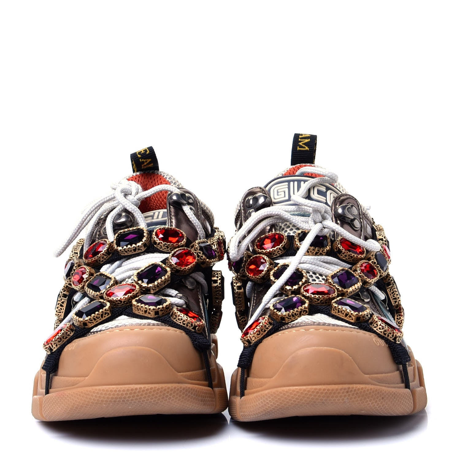 Gucci X SEGA Metallic Calfskin Mesh Removable Crystals Womens Flashtrek Sneakers 36 Rame Mystic White Lago 2 of 10