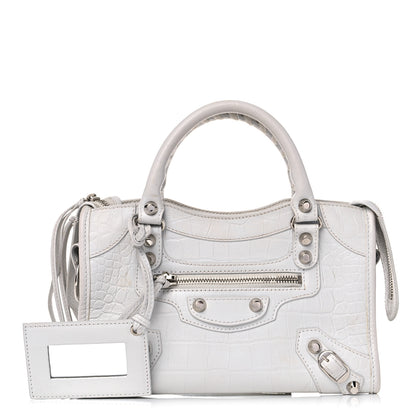 Balenciaga Matte Supple Lambskin Crocodile Embossed Classic Silver Hardware Mini City White 1 of 18