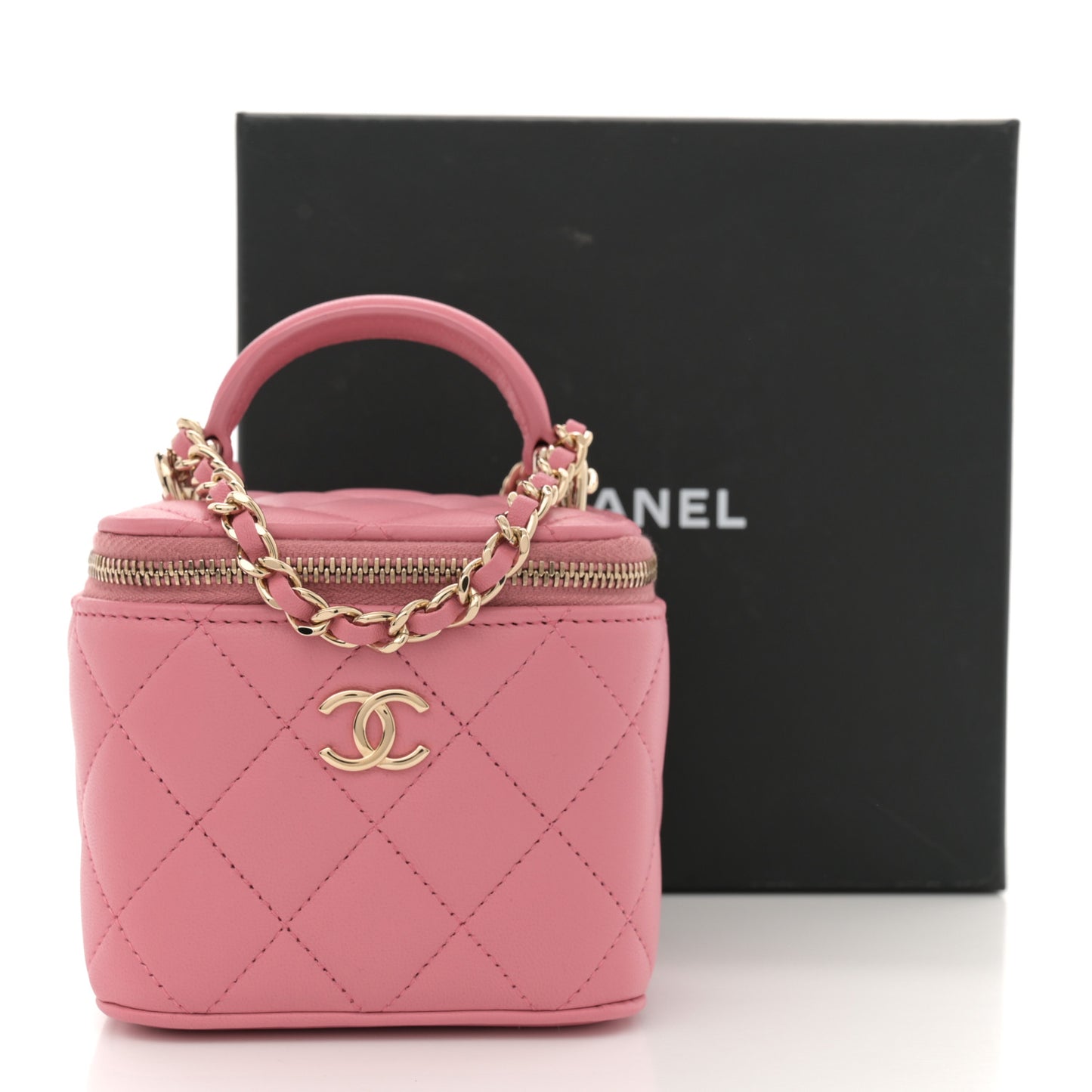 Lambskin Quilted Top Handle Mini Vanity Case With Chain Pink