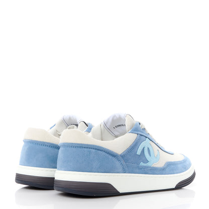 Chanel Suede Kidskin Womens CC Sneakers 37.5 White Blue 4 of 10