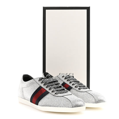 Gucci Glitter Fabric Studded Web Womens Sneakers 37 Silver 9 of 9