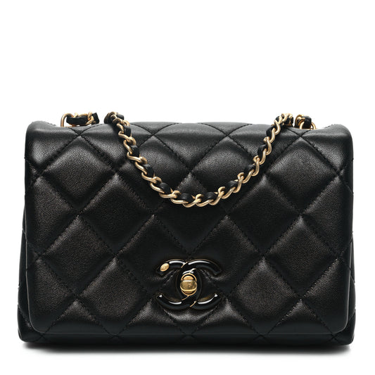 Shiny Lambskin Quilted Enamel CC Mini Flap Black