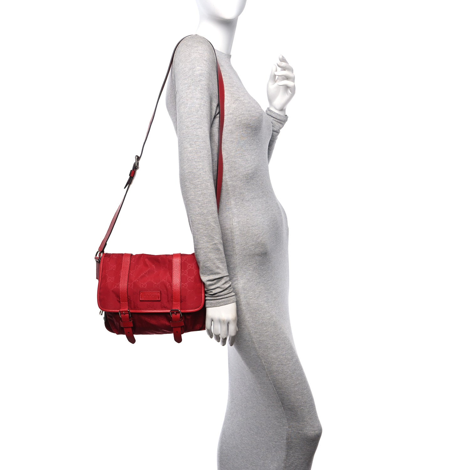 Gucci Nylon Monogram Double Buckle Flap Messenger Bag Vibrant Red 2 of 13