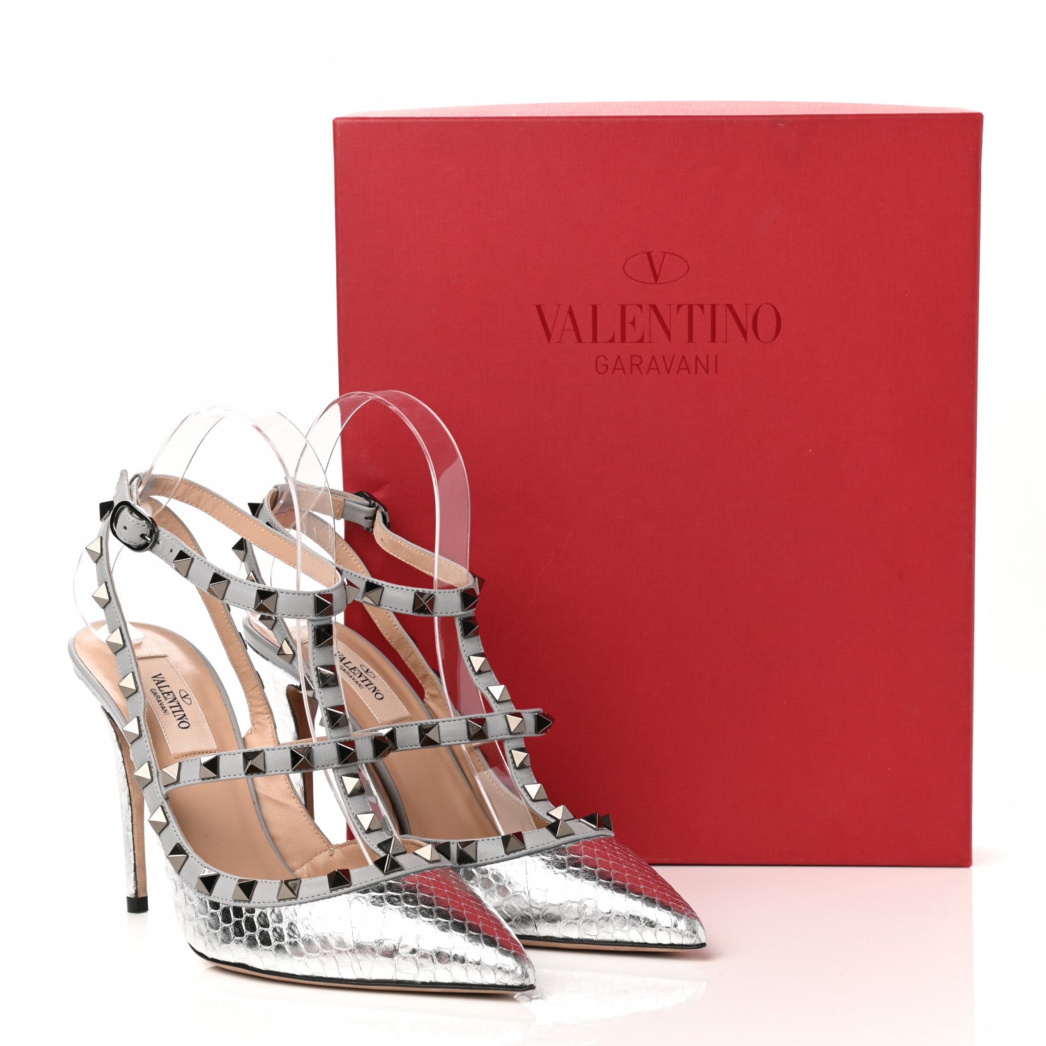 Valentino Garavani Metallic Watersnake Rockstud Ankle Strap 100mm Pumps 38 Silver Pastel Grey 8 of 8