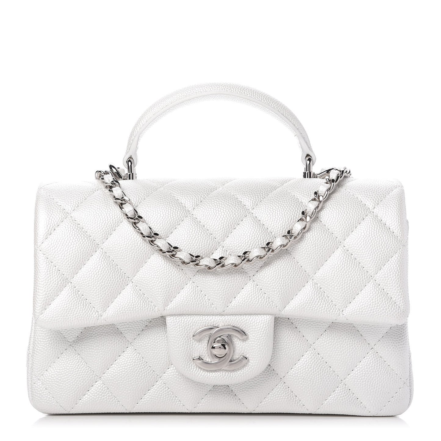 Iridescent Caviar Quilted Mini Top Handle Rectangular Flap White