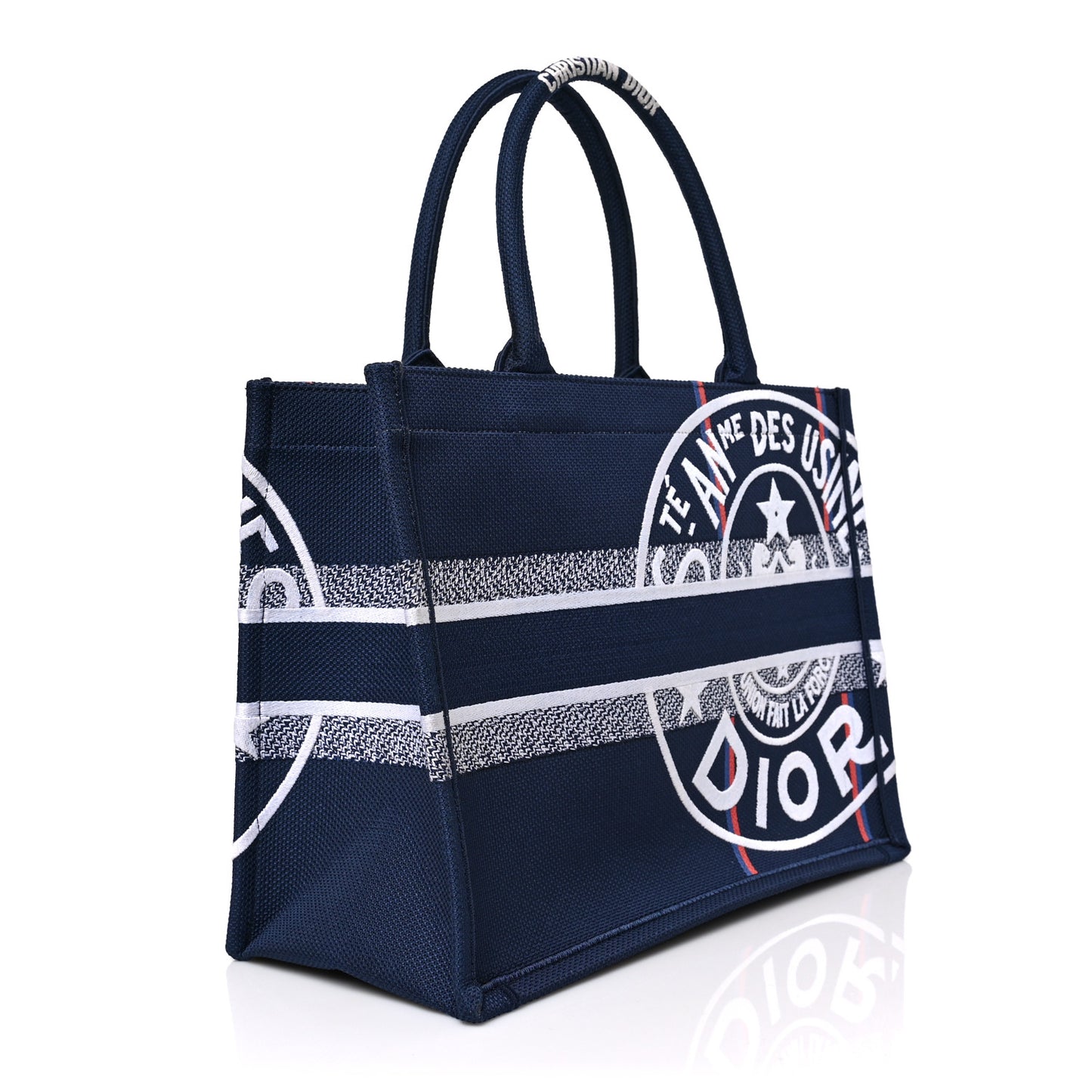 Canvas Jute Dior Union Embroidered Medium Book Tote Blue