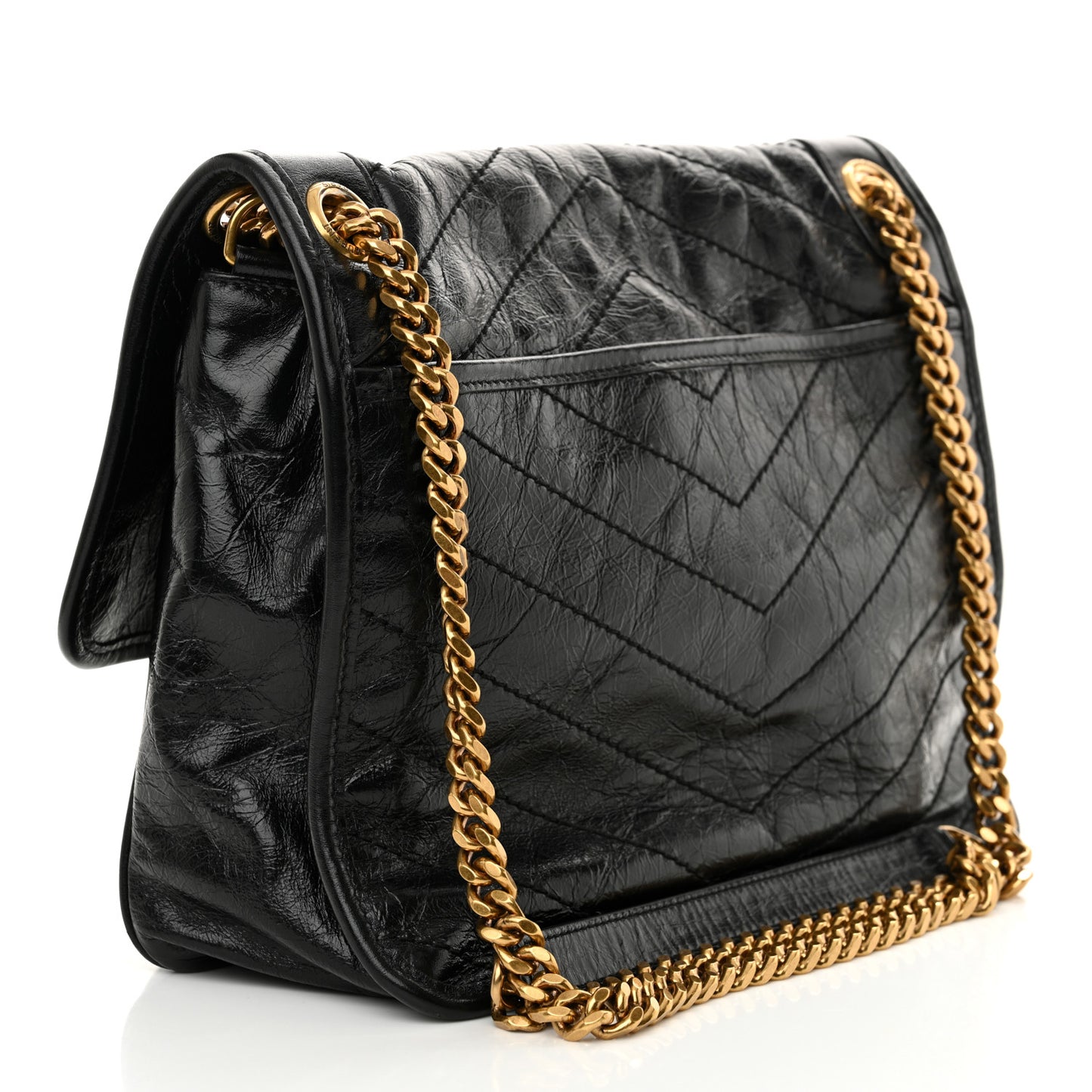 Crinkled Calfskin Matelasse Monogram Medium Niki Chain Satchel Black