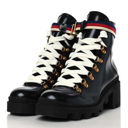 Gucci Calfskin Sylvie Web Lace Up Combat Boots 40 Black 3 of 9