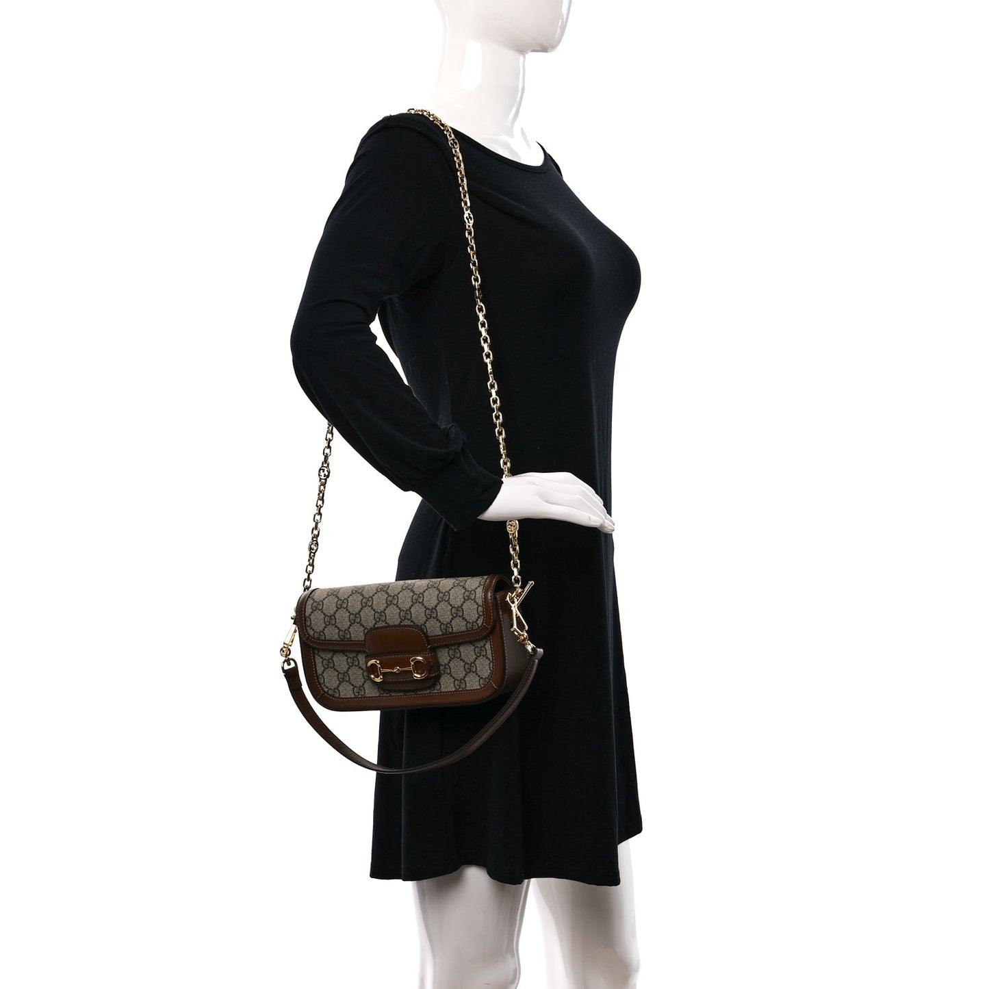 GG Supreme Monogram Small Horsebit 1955 Chain Shoulder Bag Beige Ebony Brown Sugar