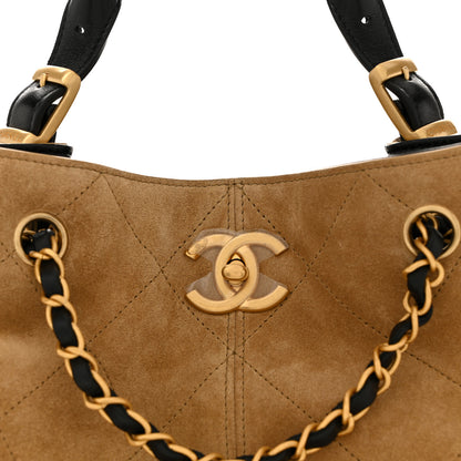 Chanel Suede Calfskin Shiny Lambskin Quilted Coco Base Shopping Bag Beige Black 8 of 10