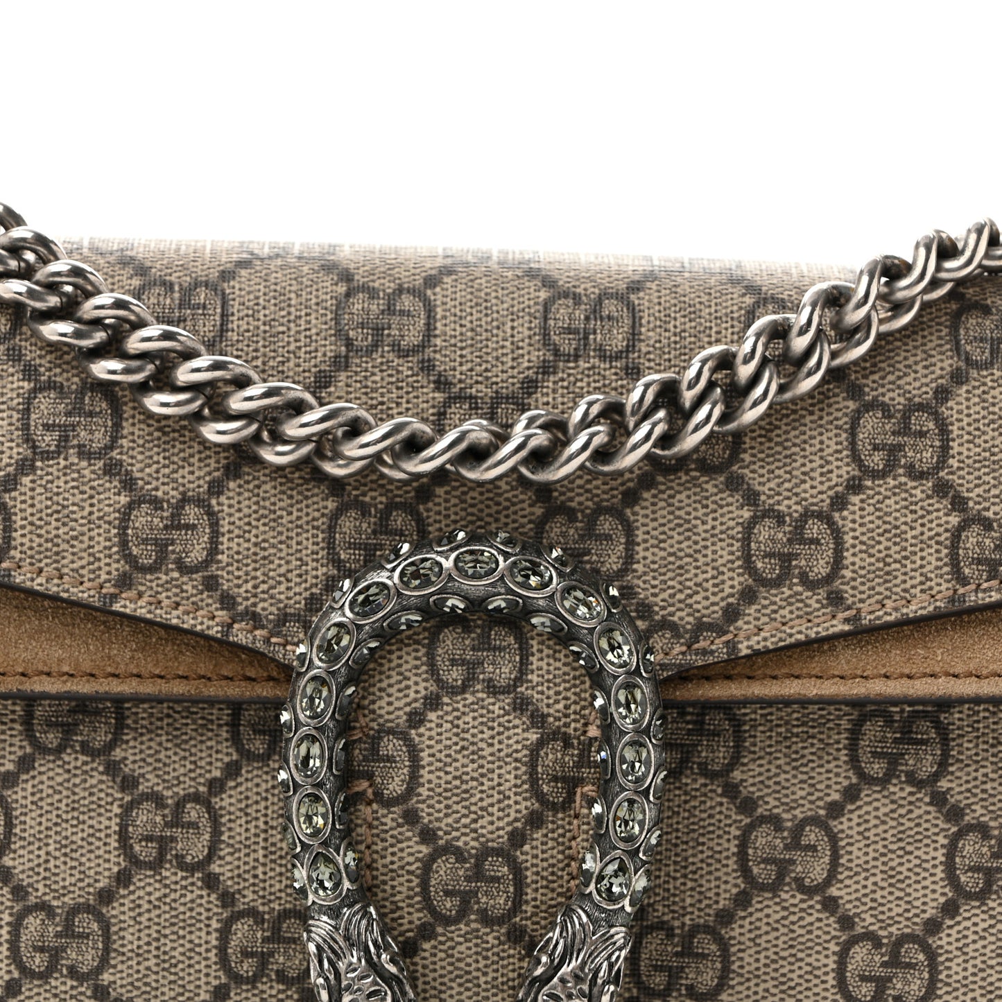 GG Supreme Monogram Suede Crystal Small Dionysus Shoulder Bag Beige Ebony Taupe