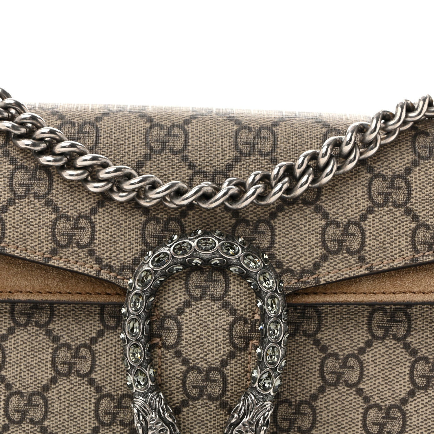 Gucci GG Supreme Monogram Suede Crystal Small Dionysus Shoulder Bag Beige Ebony Taupe 8 of 14