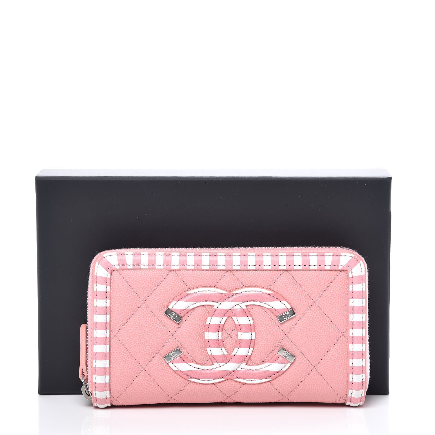 Chanel Caviar Quilted Medium Stripe Filigree Zip Around Wallet Pink White 9 of 9