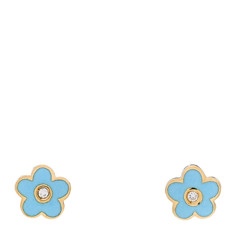 18K Yellow Gold Enamel Diamond Flower Earrings Blue