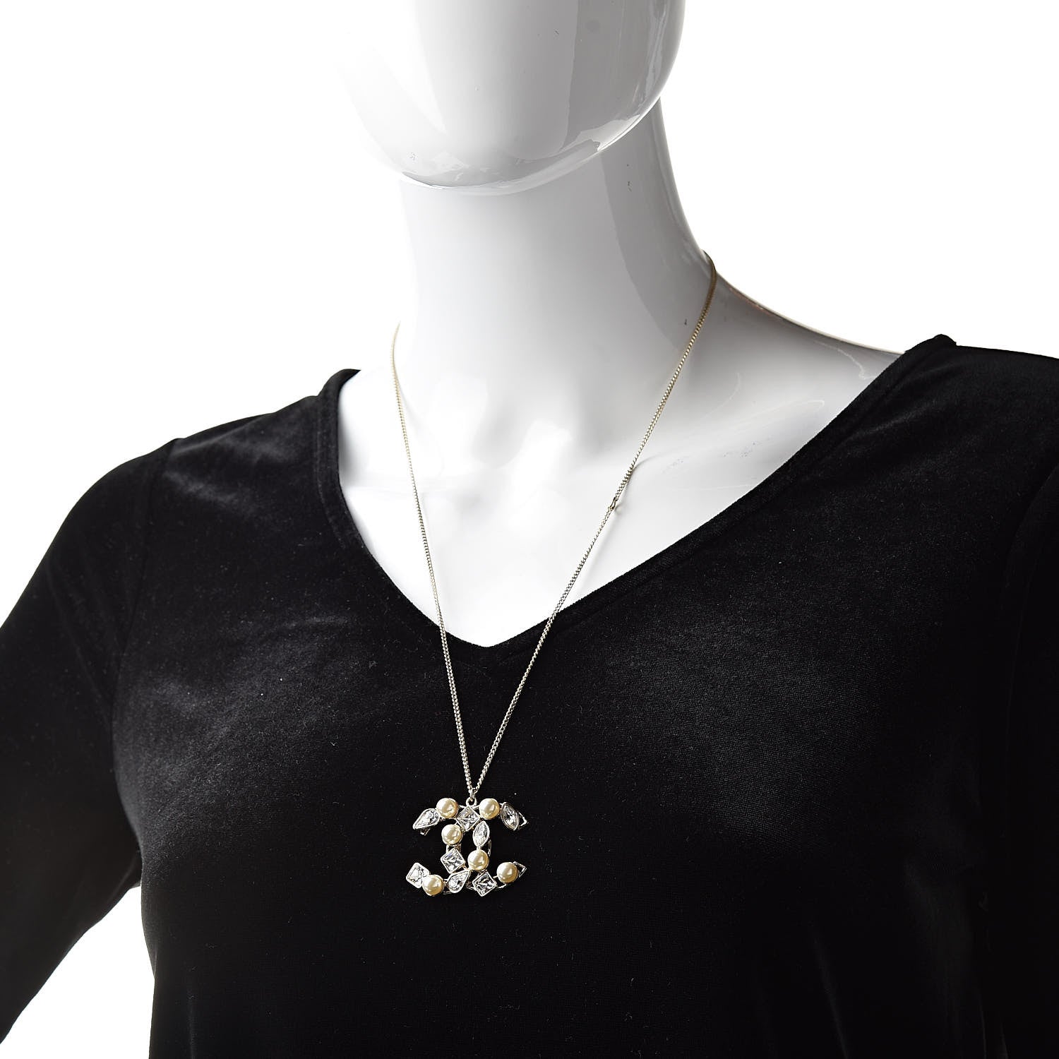 Chanel Pearl Crystal Baguette CC Pendant Necklace Gold 2 of 6