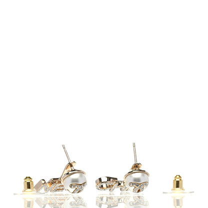 Chanel Pearl Crystal Logo Earrings Gold Pearly White 3 of 5