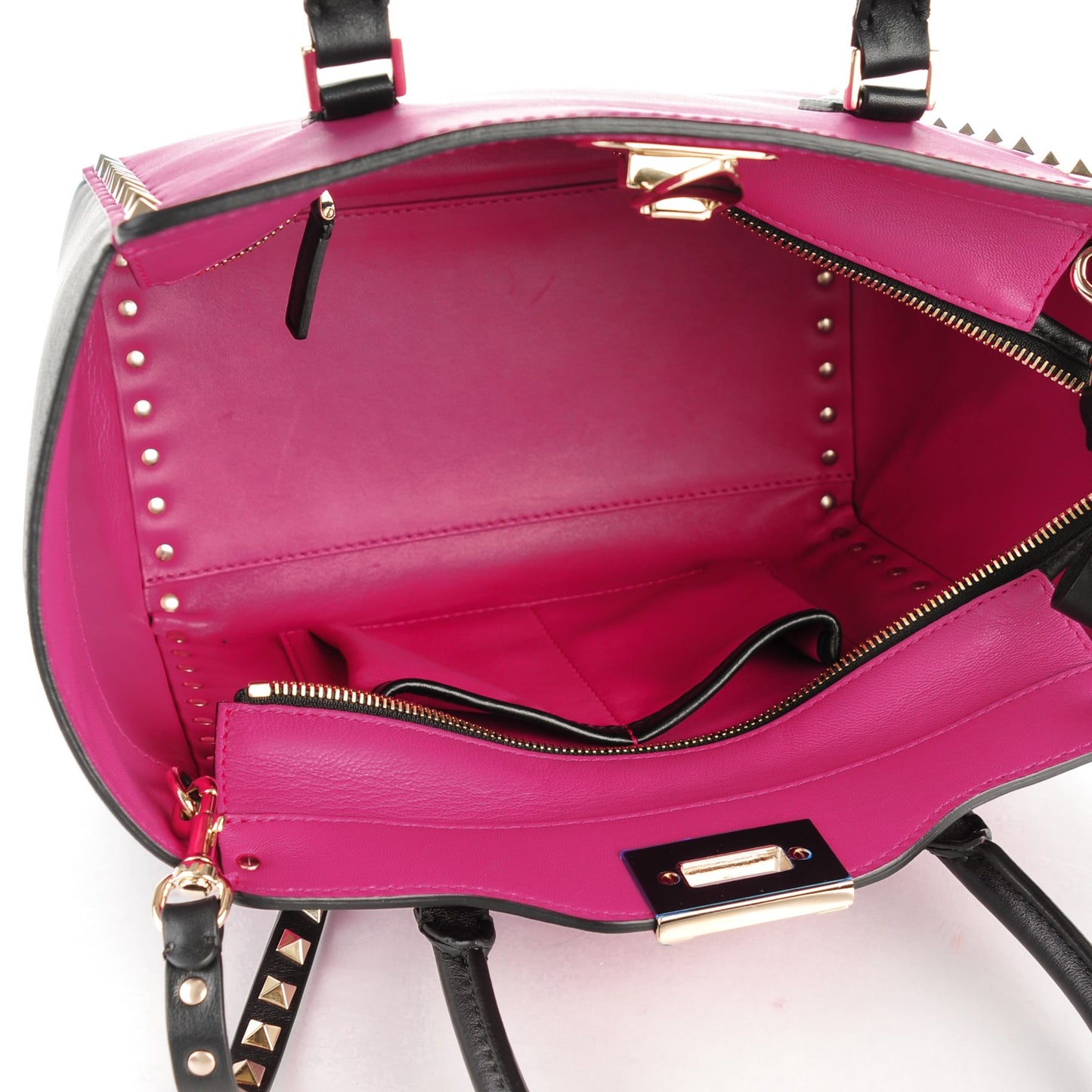 Vitello Bi-Color Small Rockstud Double Handle Tote Fuxia Black