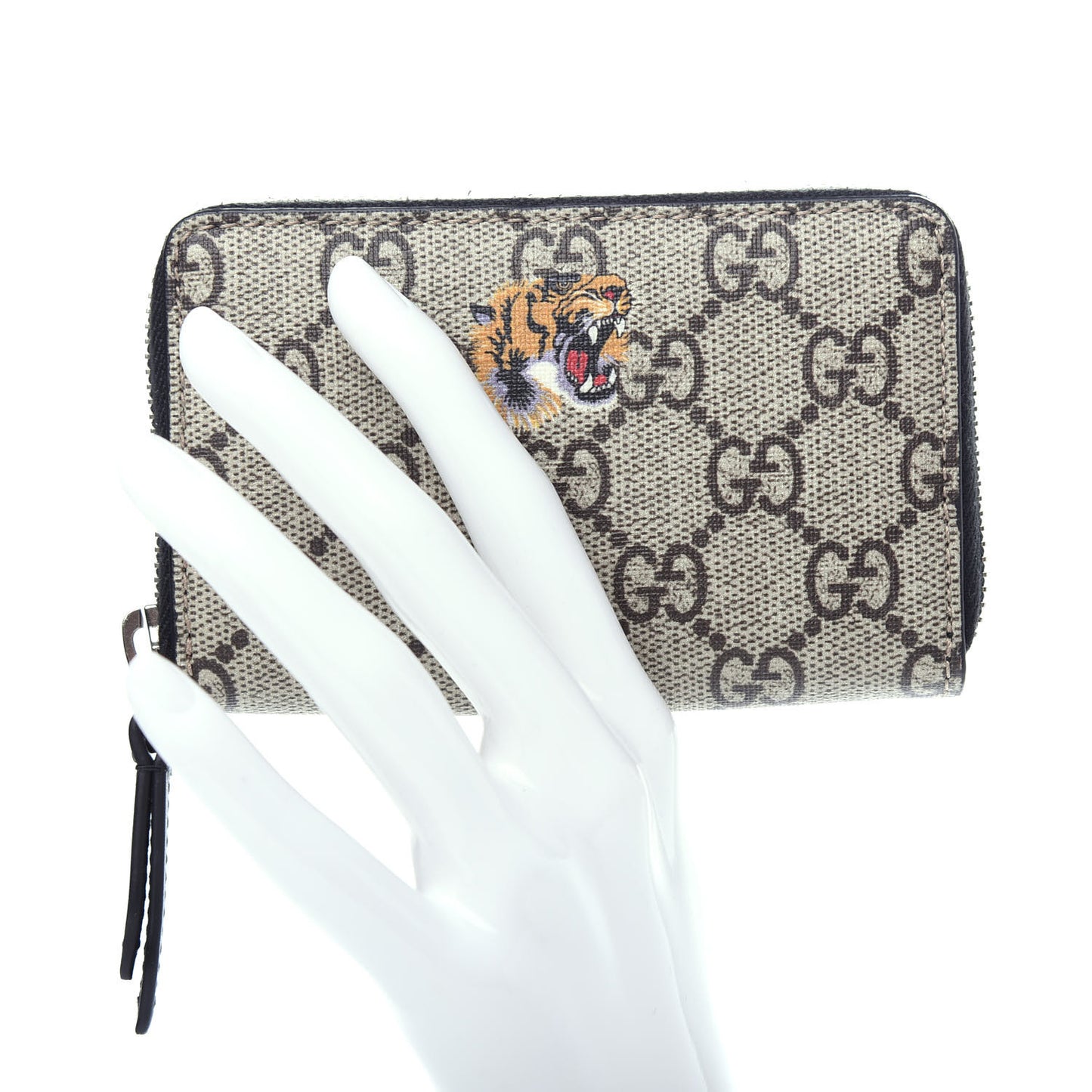 GG Supreme Monogram Tiger Print Zip Around Card Case Black
