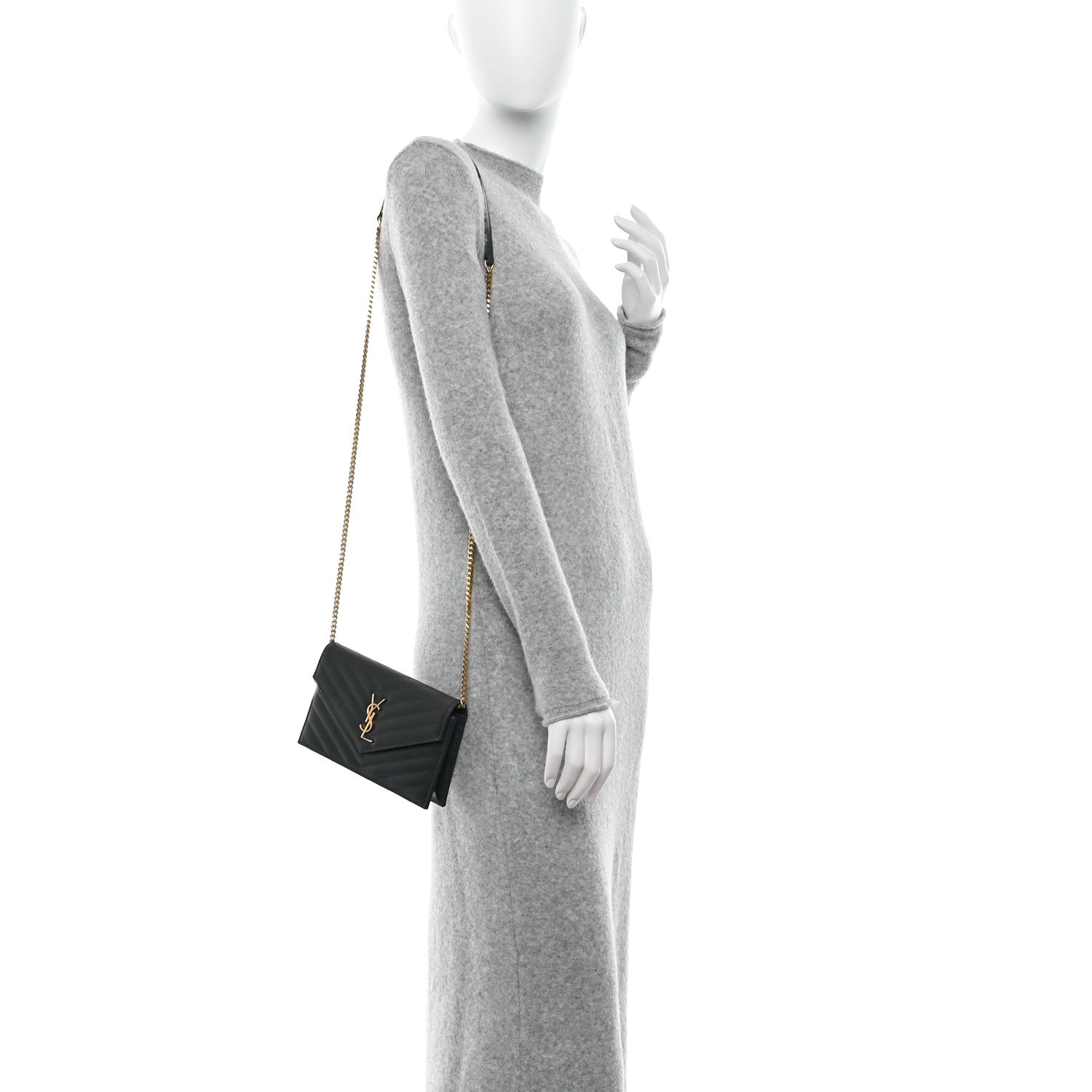 Saint Laurent Grain De Poudre Matelasse Chevron Monogram Envelope Chain Wallet Black 2 of 11