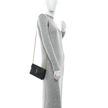 Saint Laurent Grain De Poudre Matelasse Chevron Monogram Envelope Chain Wallet Black 2 of 11