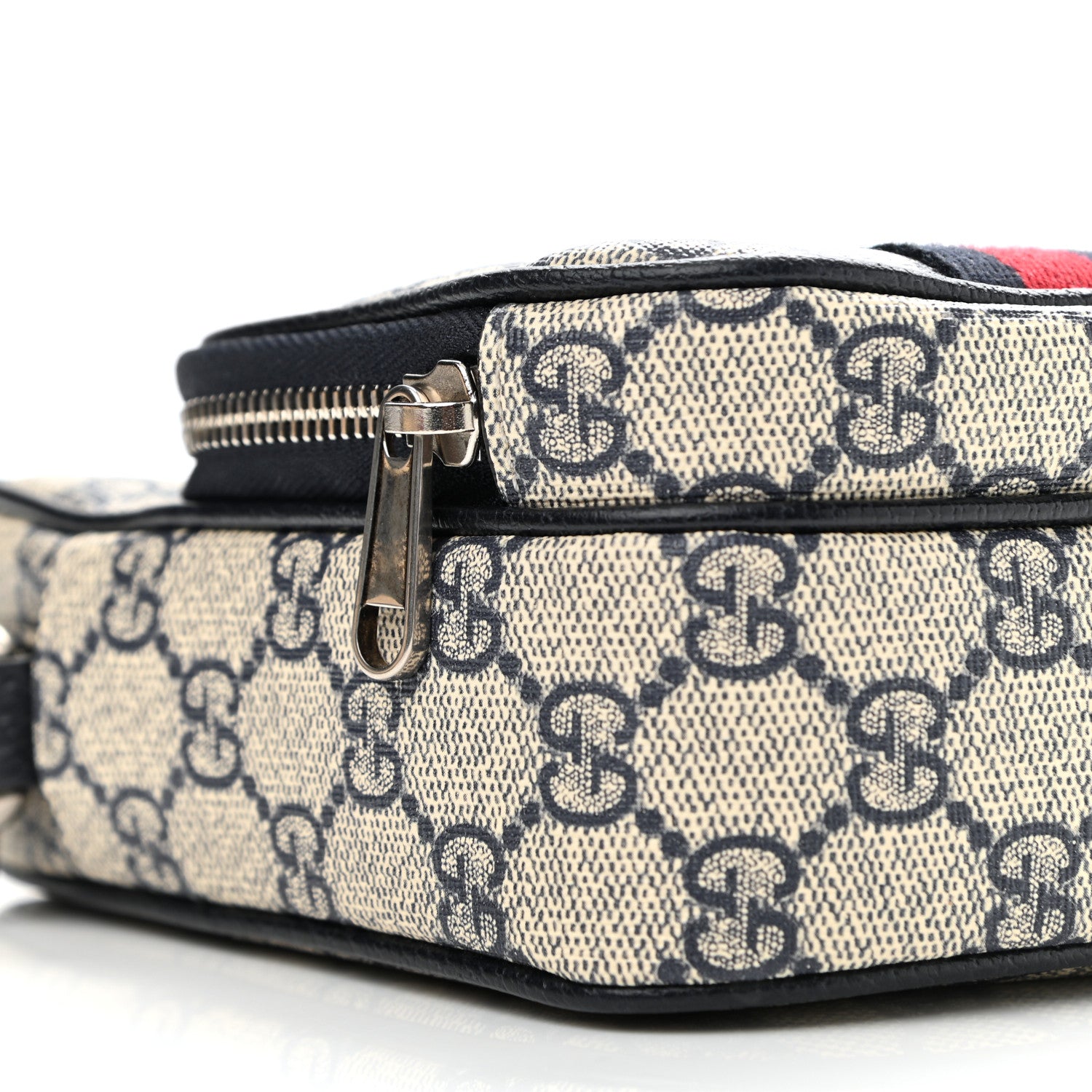 Gucci GG Supreme Monogram Textured Dollar Calfskin Web Mini Ophidia Double Zip Messenger Bag Beige Blue 8 of 9