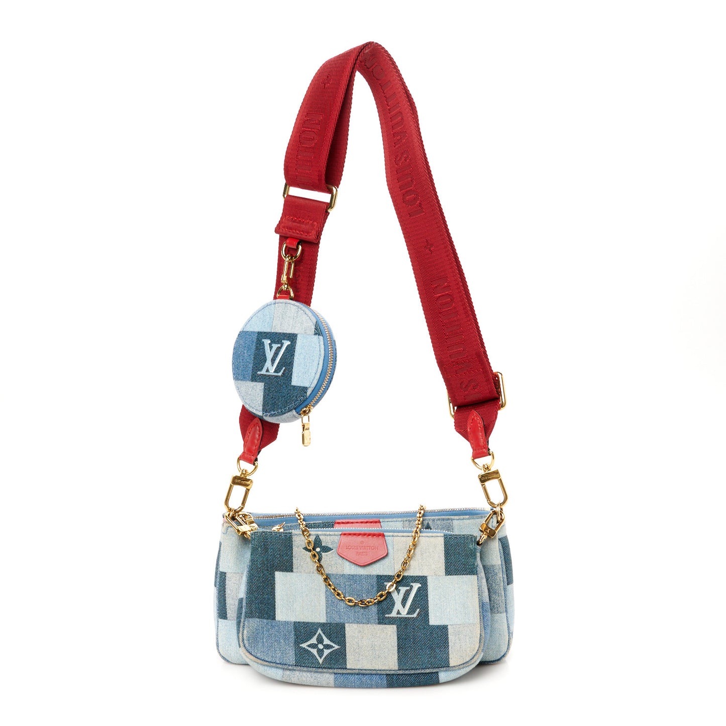 Denim Damier Monogram Patchwork Multi Pochette Accessories Blue Rouge
