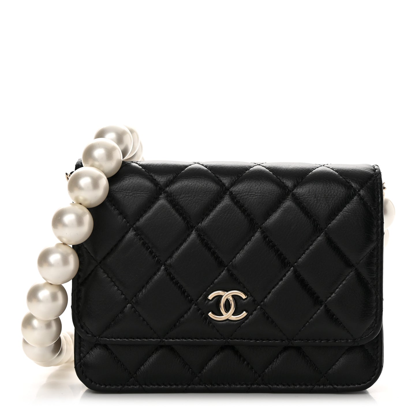 Calfskin Quilted Mini Maxi Pearls Wallet On Chain WOC Black