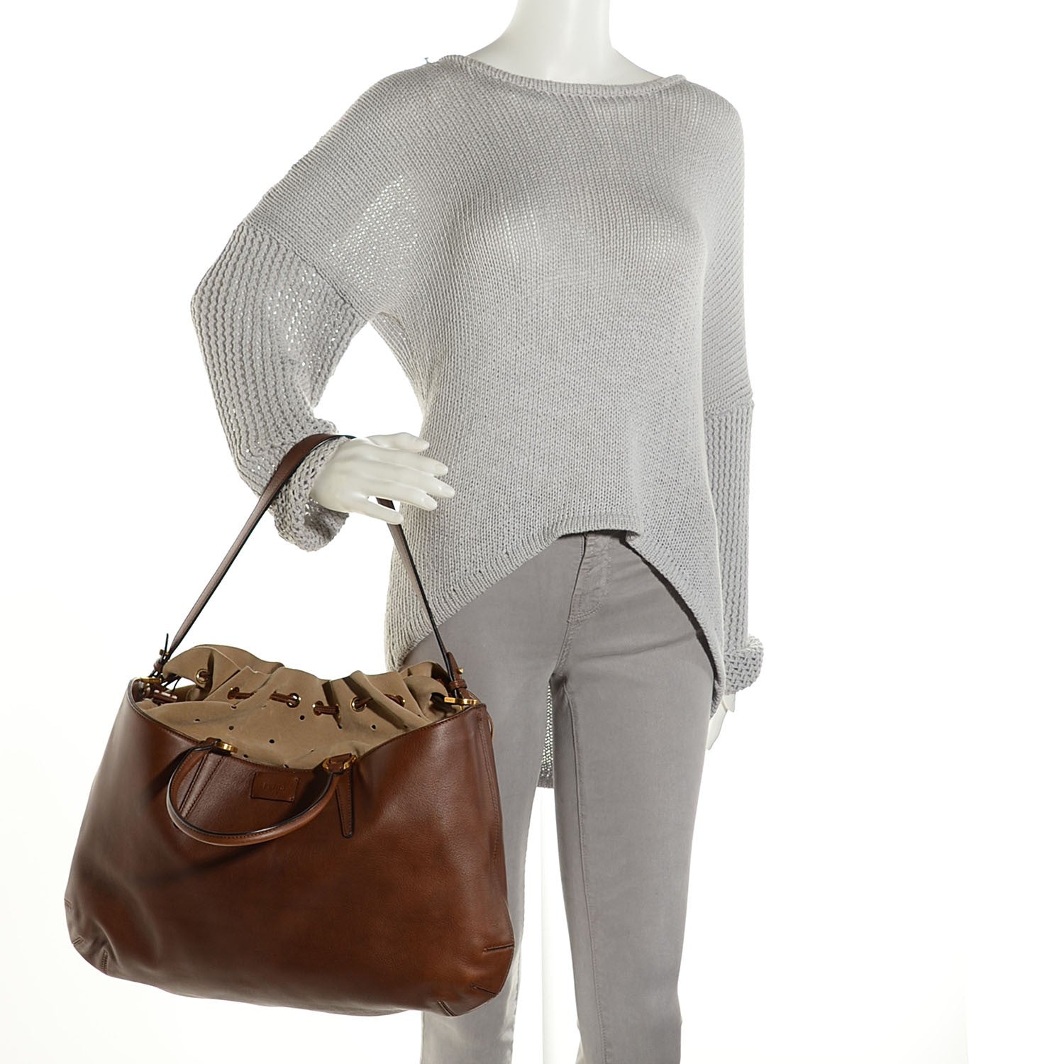 Fendi Linen Calfskin B Fab Drawstring Tote Brown 2 of 10