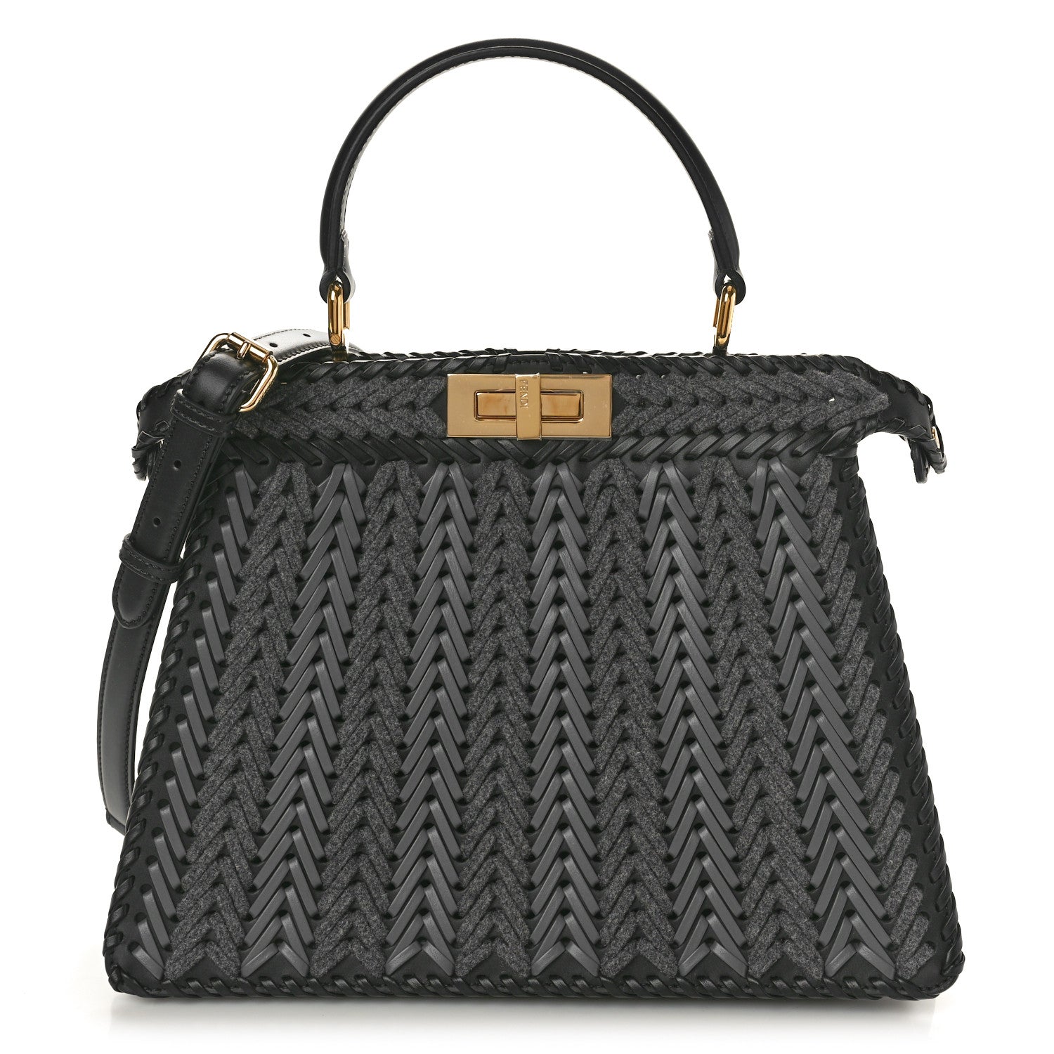 Fendi Vitello Shiny Nappa Woven Medium Peekaboo I SEE U Satchel Carbone Slate 1 of 10