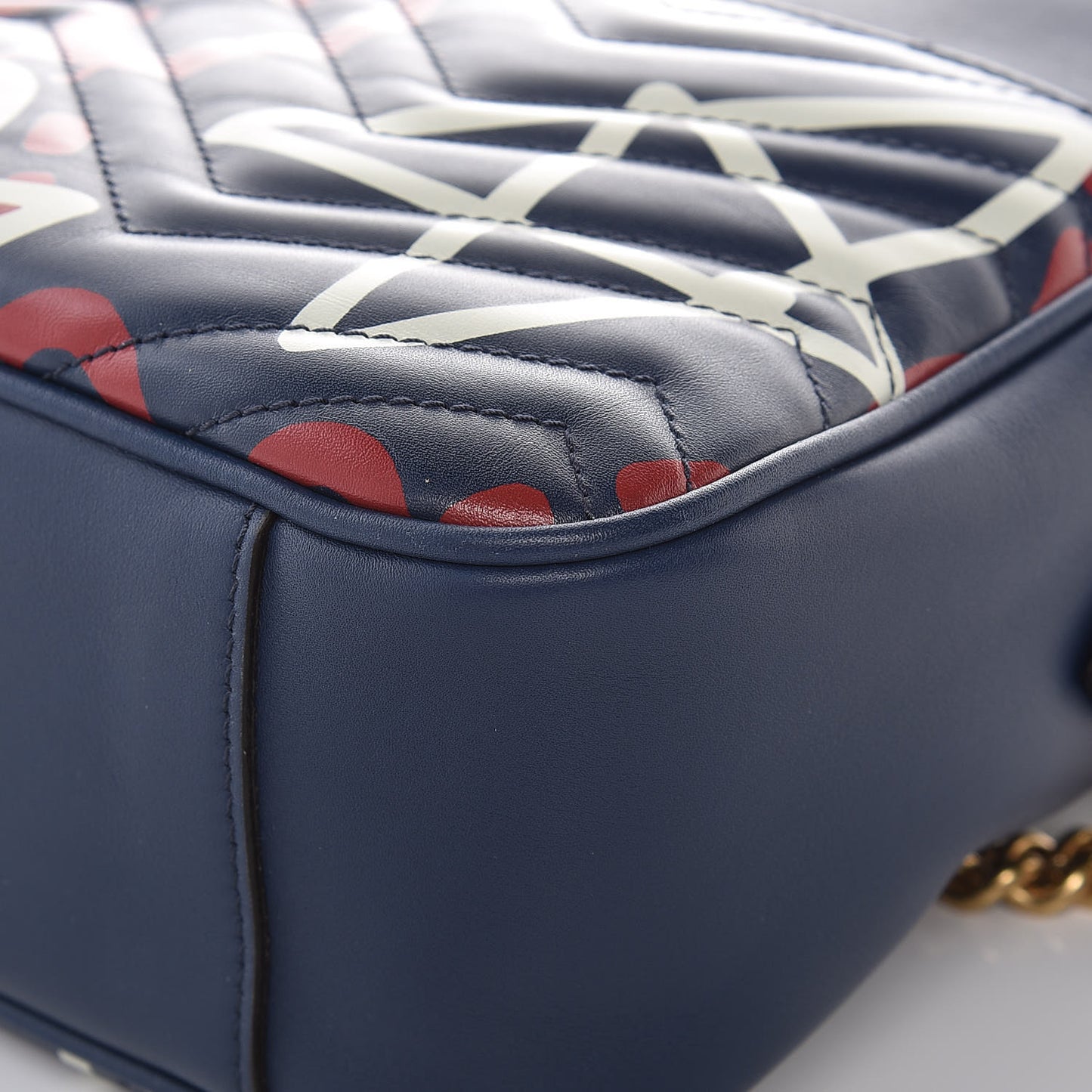 Calfskin Matelasse GucciGhost Medium GG Marmont Chain Shoulder Bag Blue Agata Hibiscus Red
