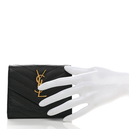 Saint Laurent Grain De Poudre Matelasse Chevron Monogram Compact Tri Fold Wallet Black 2 of 7
