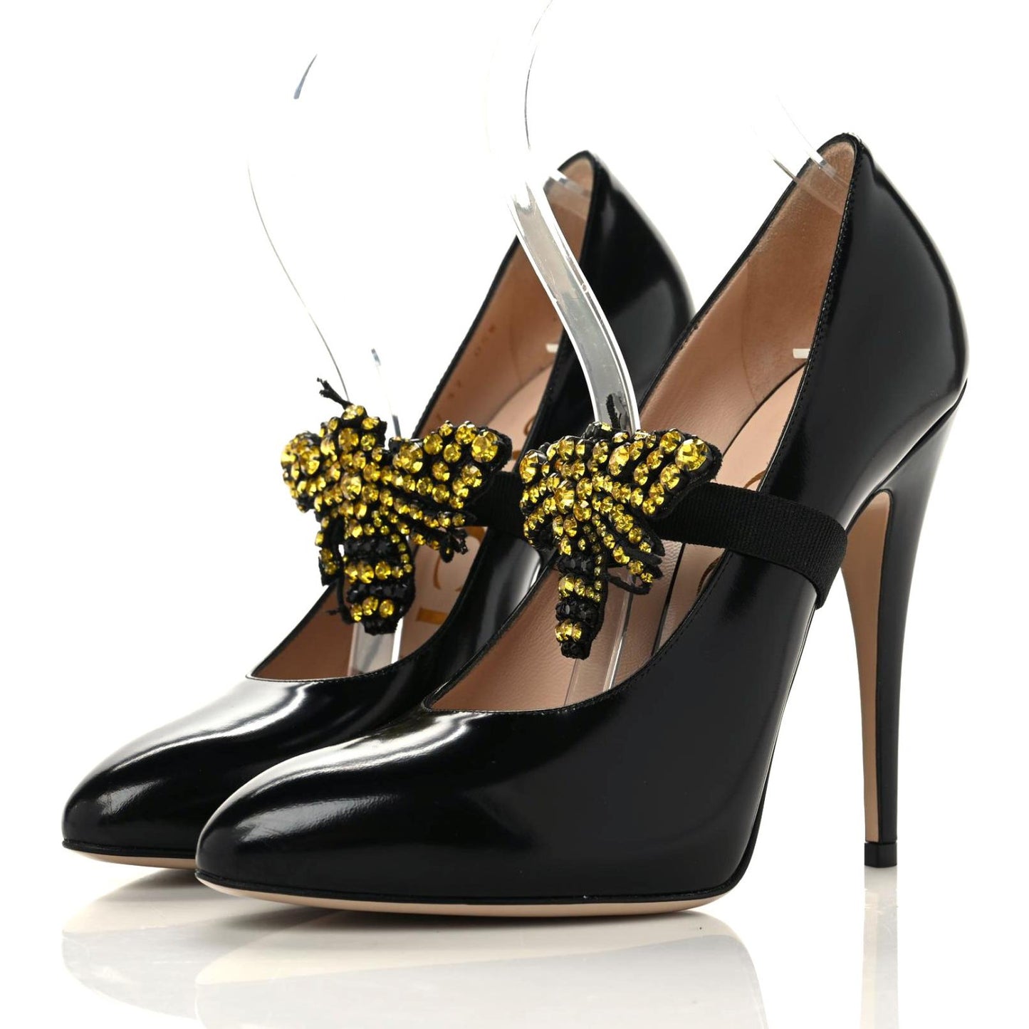 Polished Calfskin Removable Bee Elaisa Platform High Heel Pumps 37 Black