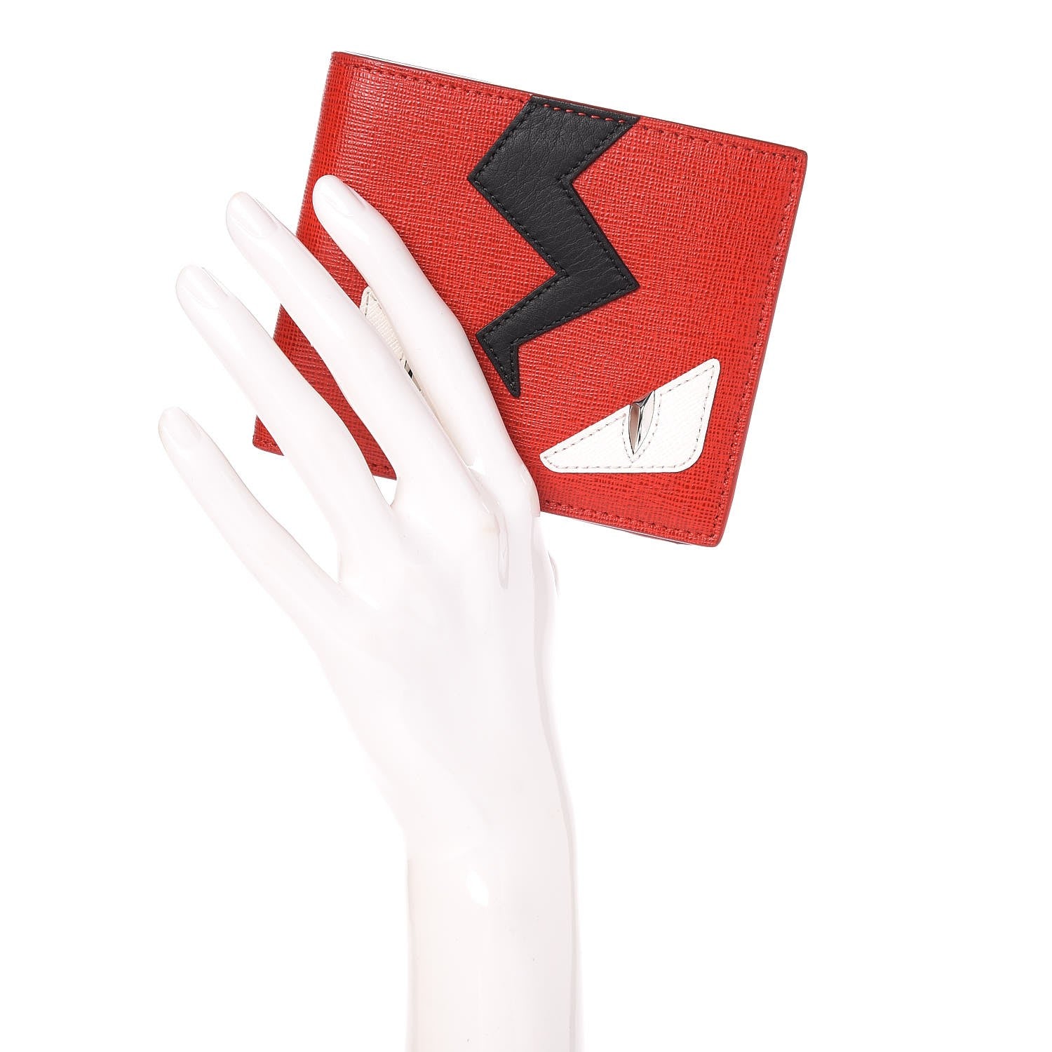 Fendi Vitello Elite Flamingo Lightning Monster Eyes Bi-Fold Wallet Rosso White Black 2 of 8
