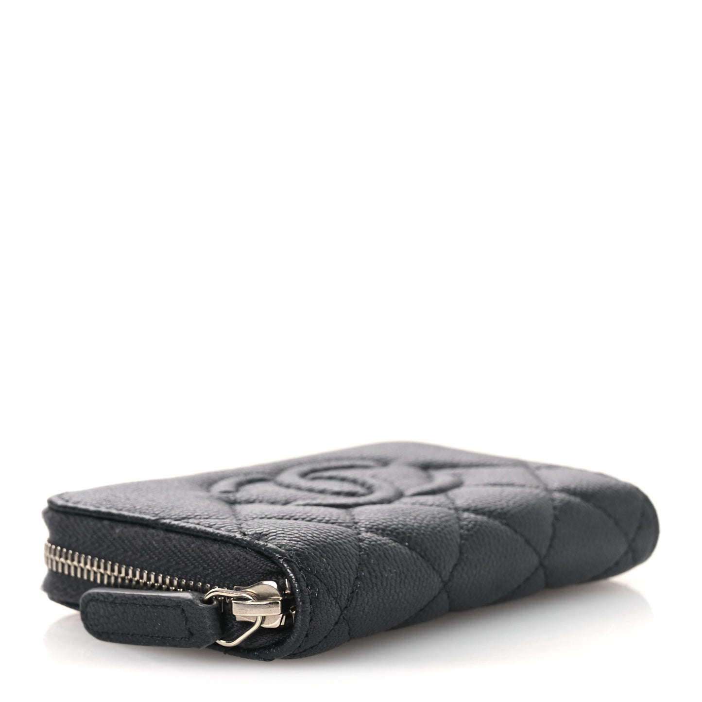 Metallic Caviar Quilted CC Zip Around Coin Purse Wallet Dark Grey