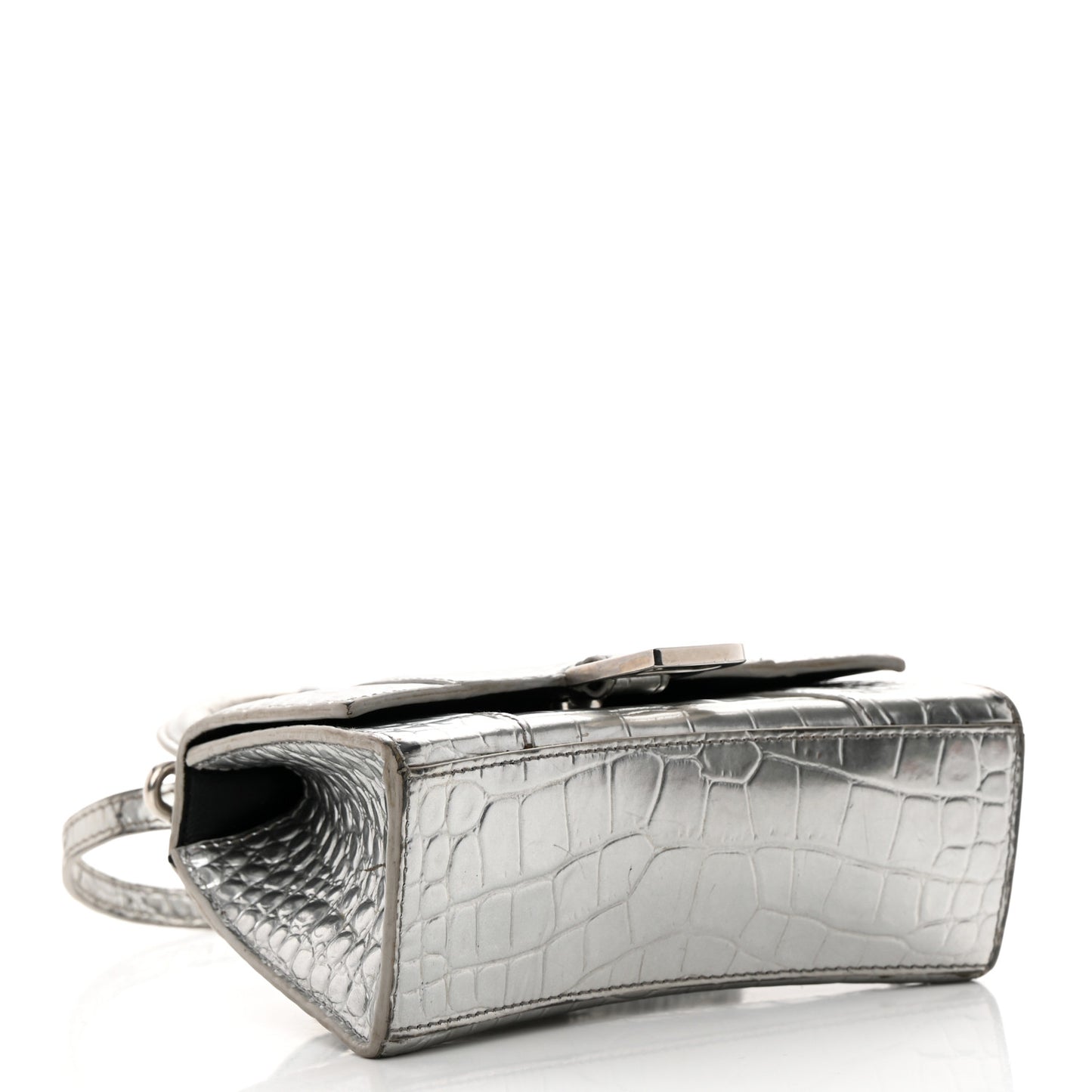 Metallic Calfskin Crocodile Embossed Hourglass Top Handle Bag XS Silver