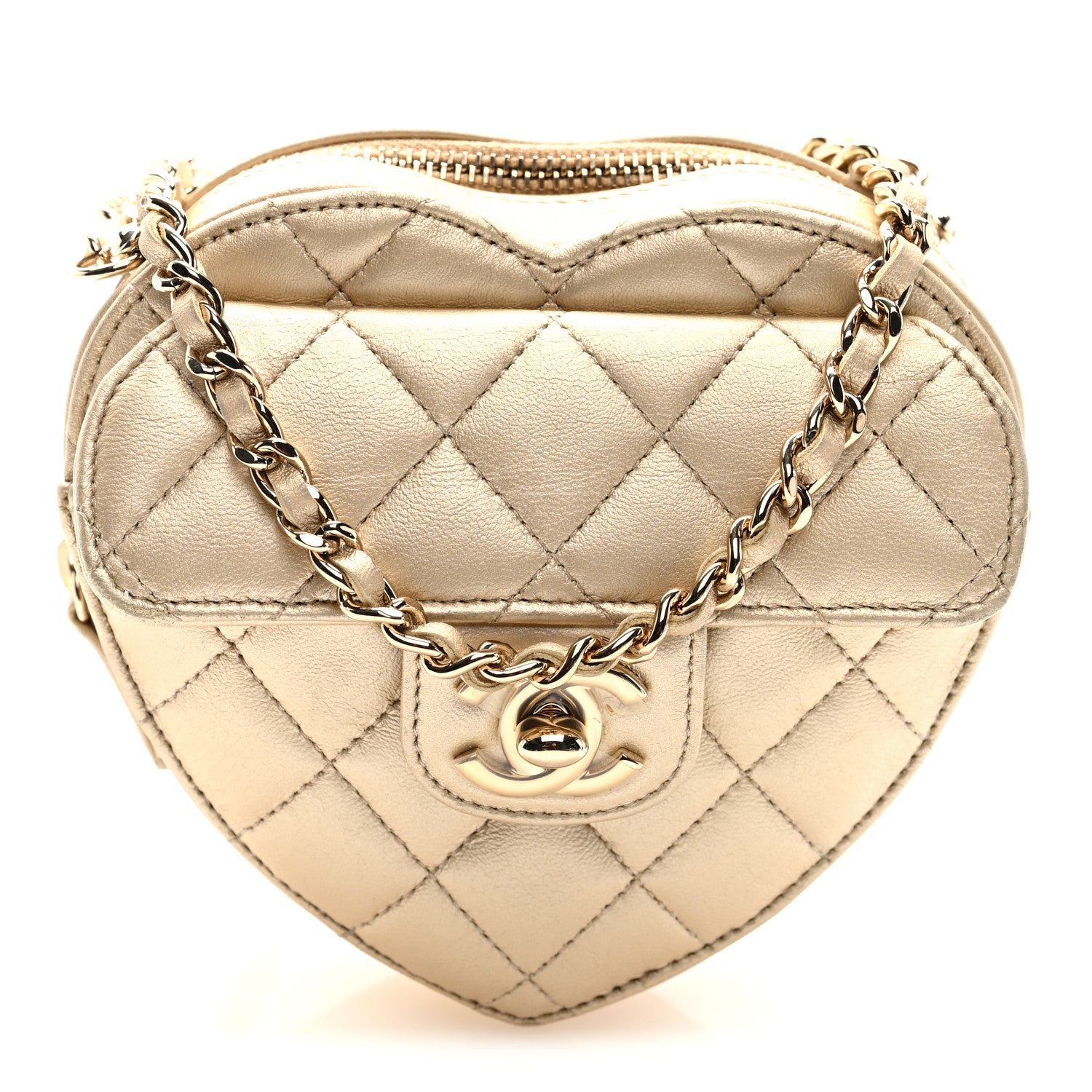 Chanel Metallic Lambskin Quilted CC In Love Heart Clutch With Chain Gold 1 of 9