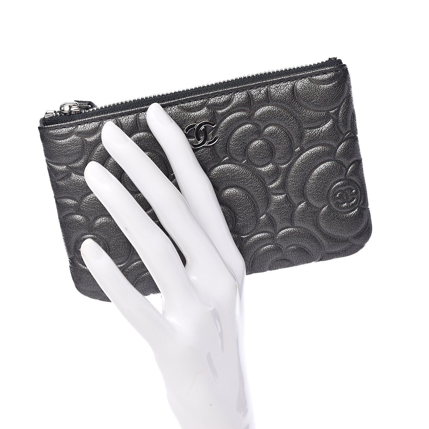 Goatskin Camellia Embossed Cosmetic Pouch Anthracite