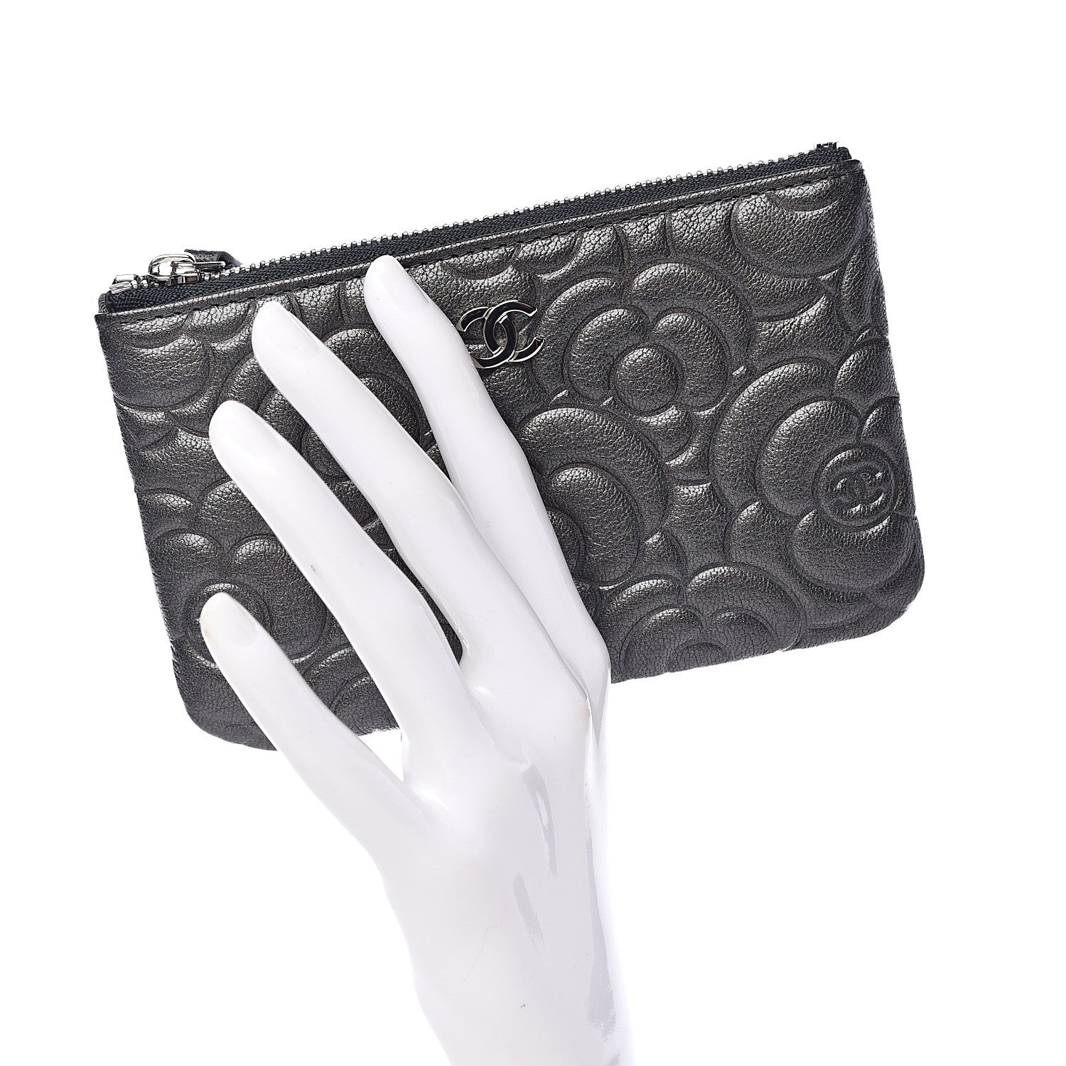 Chanel Goatskin Camellia Embossed Cosmetic Pouch Anthracite 2 of 8