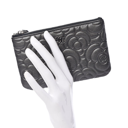 Chanel Goatskin Camellia Embossed Cosmetic Pouch Anthracite 2 of 8