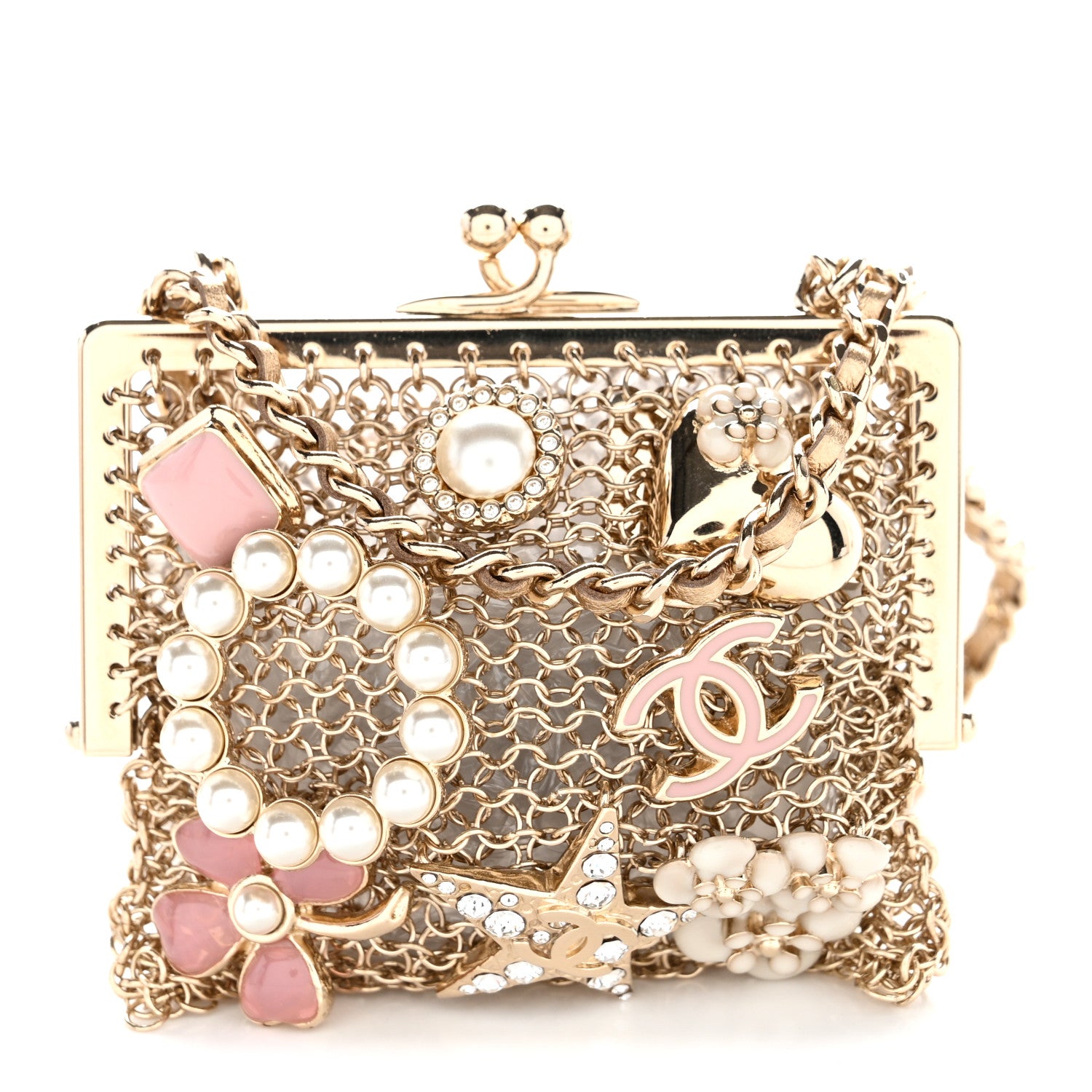 Chanel Metal Pearl Enamel Kiss Lock Chain Mail Charm Clutch Gold 1 of 11