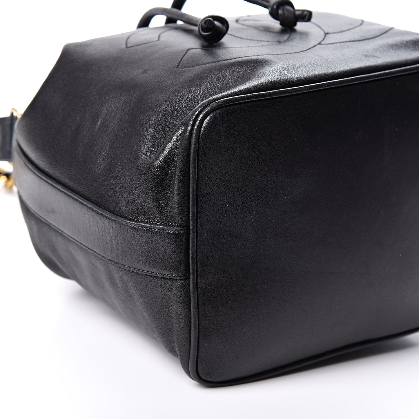 Lambskin CC Stitched Drawstring Bucket Bag Black