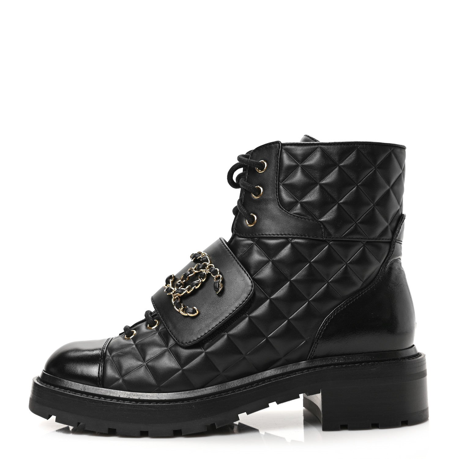 Chanel Shiny Calfskin Quilted Lace Up Combat Boots 39 Black 1 of 6
