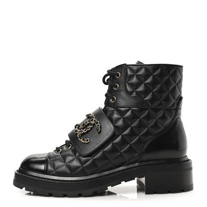 Chanel Shiny Calfskin Quilted Lace Up Combat Boots 39 Black 1 of 6